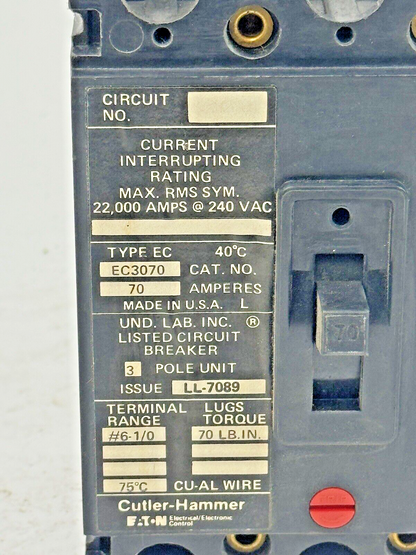 CUTLER-HAMMER - EC3070- CIRCUIT BREAKER - 70 A, 240 VAC, 3 POLE2