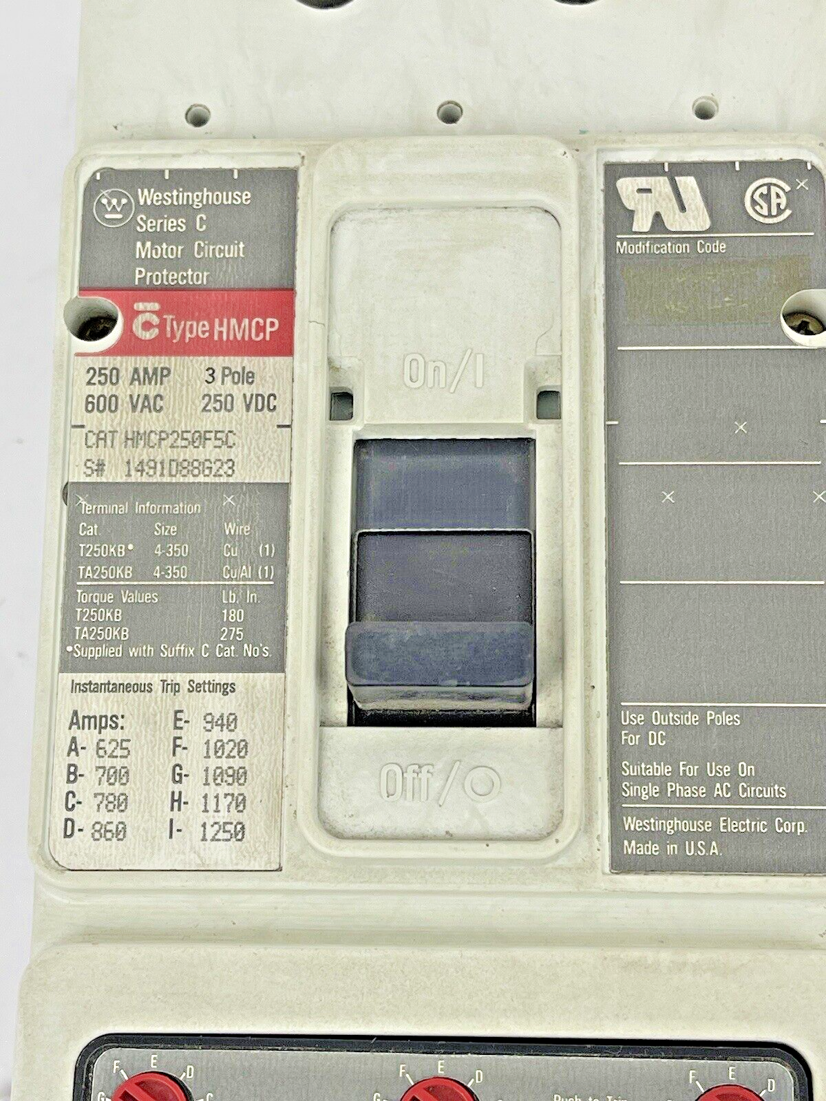WESTINGHOUSE -HMCP250F5C - MOTOR CIRCUIT PROTECTOR - SER C, 250A, 3 POLE, 600VAC1
