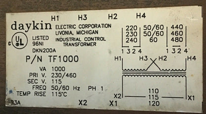 DAYKIN TF1000 TRANSFORMER 230/460V 50/60HZ DKN200A1