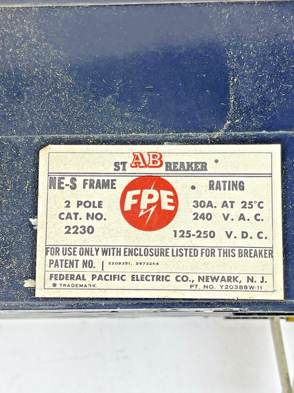 FEDERAL PACIFIC - 2230 - 2 POLE, 30A, 240 VAC AB CIRCUIT BREAKER - FPE3
