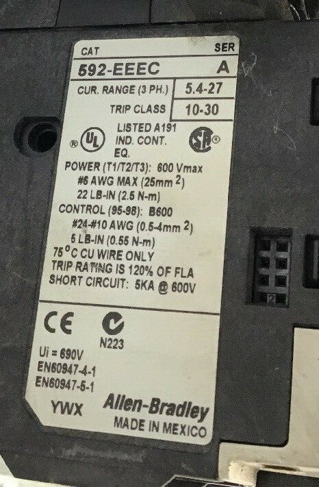 ALLEN BRADLEY 520E-BOD-A2G-A2G SIZE 1 REV STARTER 600VAC 27A 7.5HP COIL 120V 4