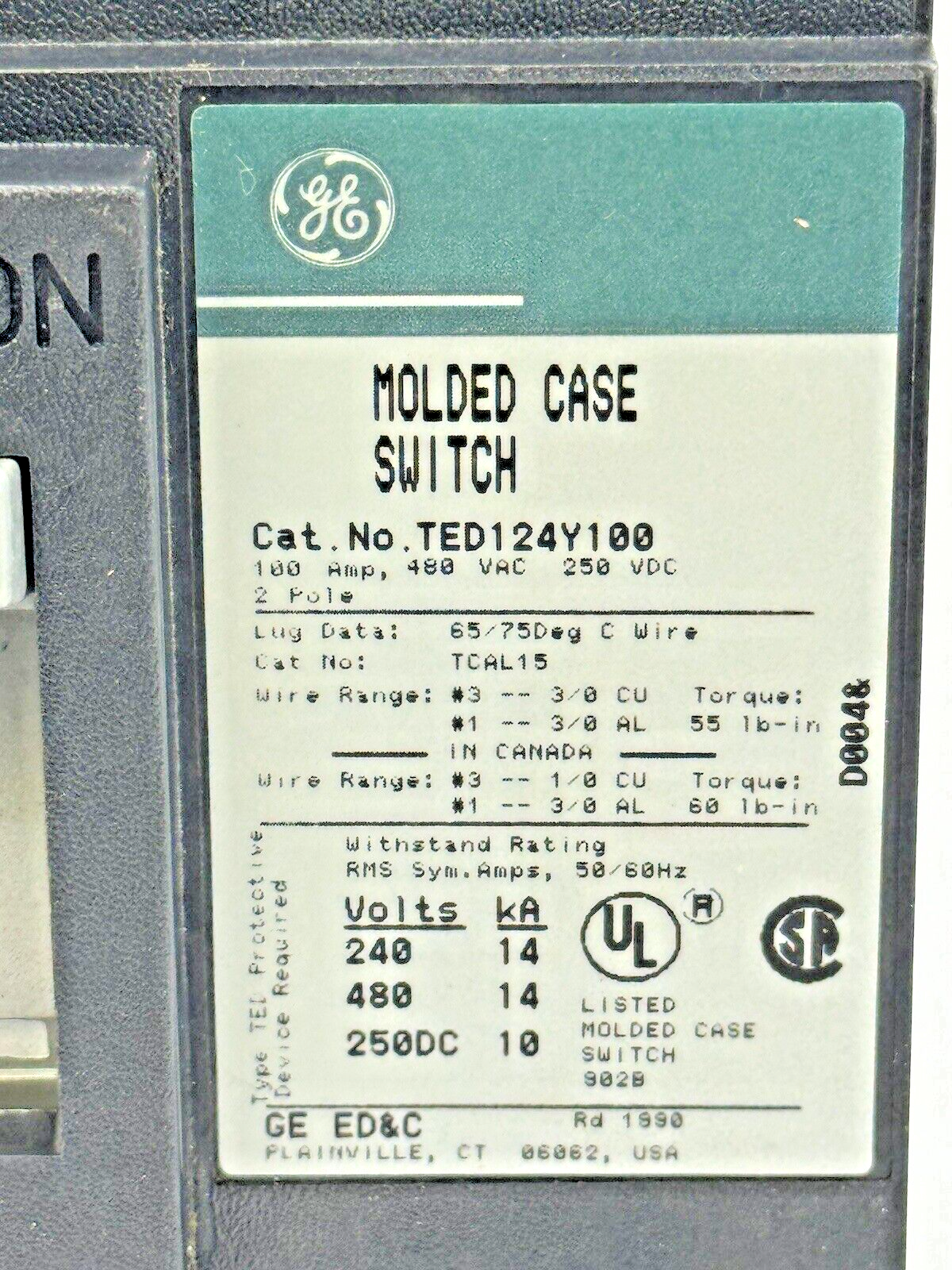 GE - TED124Y100 - MOLDED CASE SWITCH - 2 POLE/480 VAC/100A2