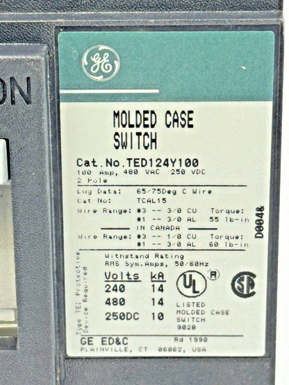 GE - TED124Y100 - MOLDED CASE SWITCH - 2 POLE/480 VAC/100A2