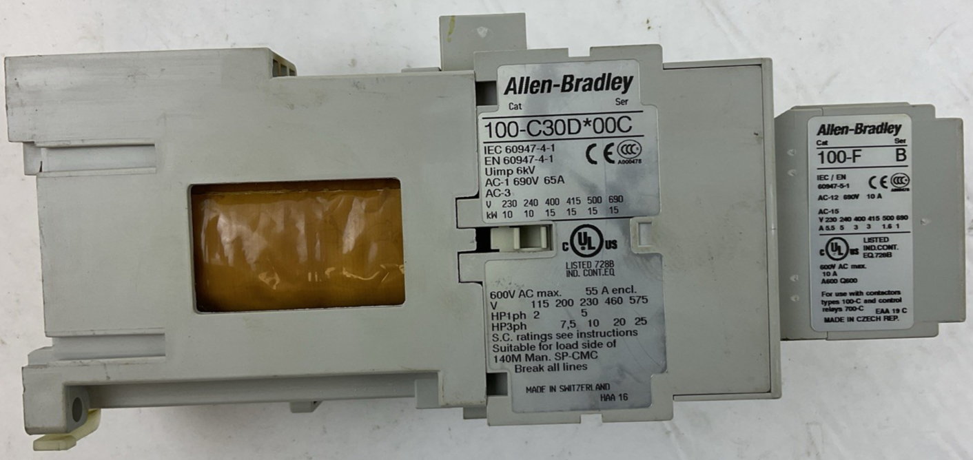 ALLEN BRADLEY 100-C30D*00 SER C CONTACTOR 600VAC 55A 3PH 25HP COIL 24VDC 100-F0