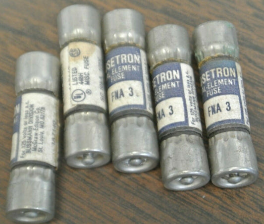 LOT of 5 / BUSS FNA-3 DUAL-ELEMENT FUSE / 3A / 125V FNA30
