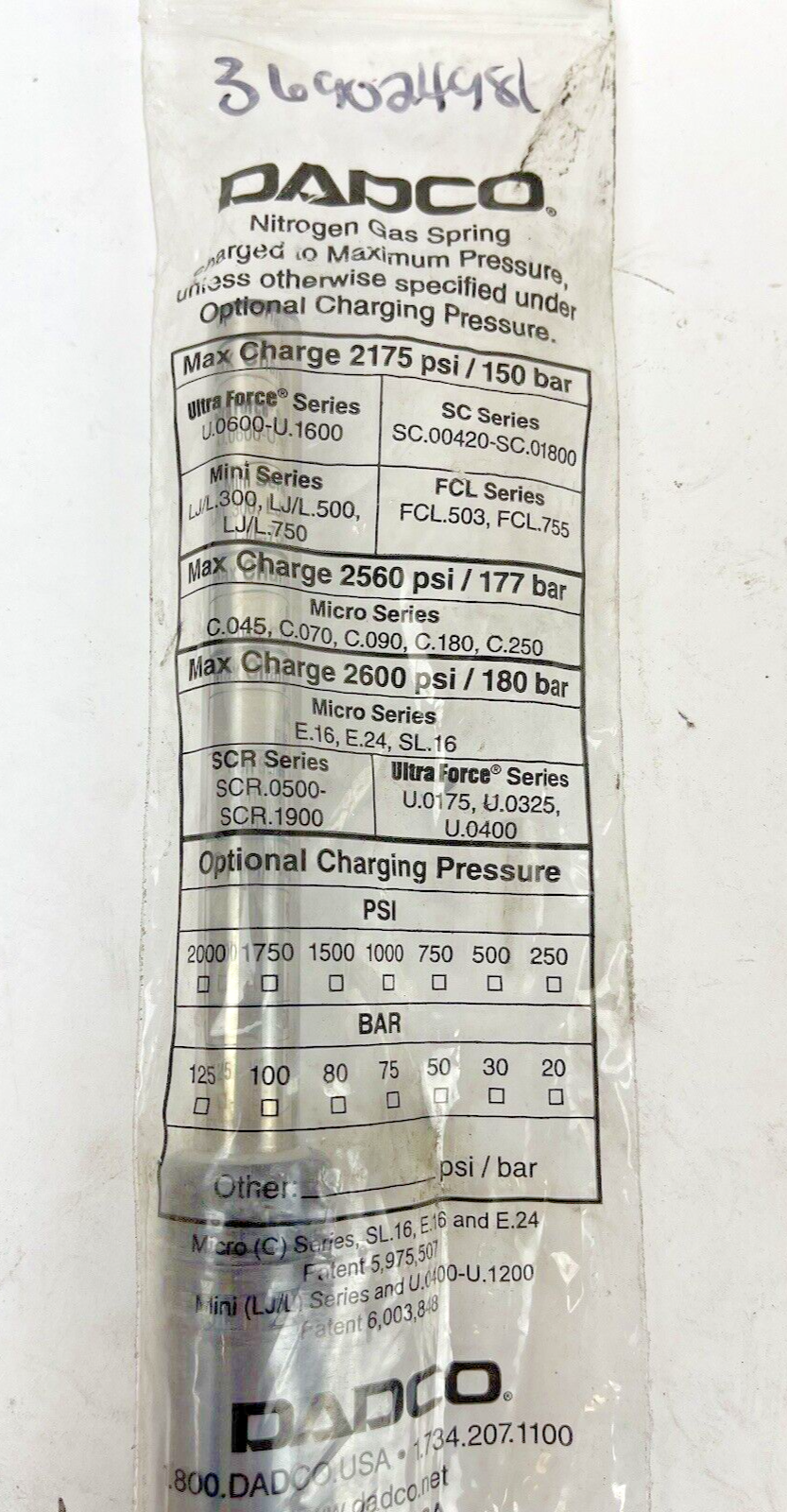 DADCO - U.0325.125 - NITROGEN GAS SPRING - 2175 PSI - 150 BAR - ULTRA FORCE1