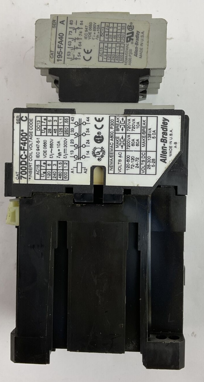 ALLEN BRADLEY 700DC-F400* SER C CONTACTOR 600VAC 300VDC 10A COIL 24VDC 195-FA402