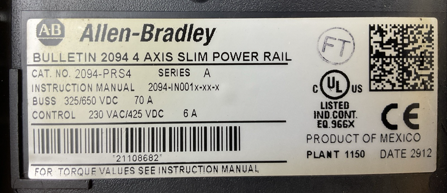 ALLEN BRADLEY 2094-PRS4 SER A 4 AXIS SLIM POWER RAIL BUSS 325/650VDC 70A CONTROL1