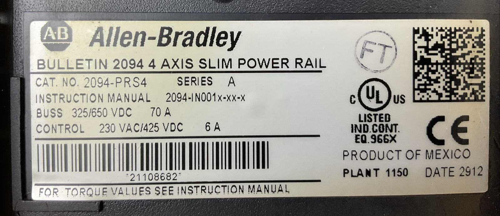 ALLEN BRADLEY 2094-PRS4 SER A 4 AXIS SLIM POWER RAIL BUSS 325/650VDC 70A CONTROL1
