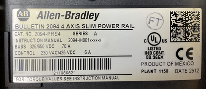 ALLEN BRADLEY 2094-PRS4 SER A 4 AXIS SLIM POWER RAIL BUSS 325/650VDC 70A CONTROL1