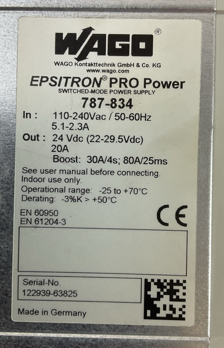 WAGO 787-834 EPSITRON PRO POWER SUPPLY OUT 24VDC 20A IN 110-240VAC 5.1-2.3A1