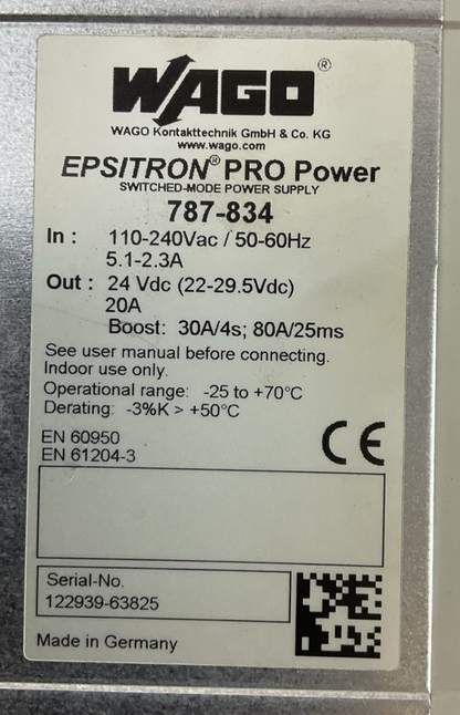 WAGO 787-834 EPSITRON PRO POWER SUPPLY OUT 24VDC 20A IN 110-240VAC 5.1-2.3A1