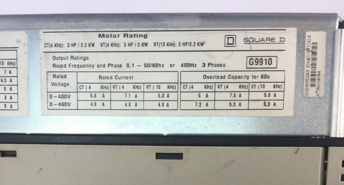 TELEMECANIQUE ATV66U41N4 VARIABLE SPEED DRIVE ALTIVAR 66 460VAC 3HP NO KEYPAD2