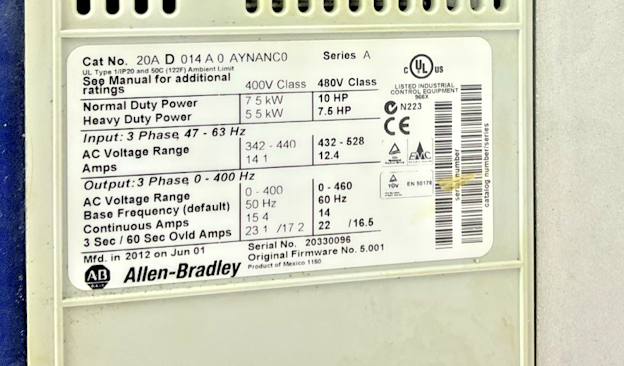 ALLEN BRADLEY 20AD014A0AYNANC0 POWERFLEX AC DRIVE SER.A 480V FRM:5.001 10HP5