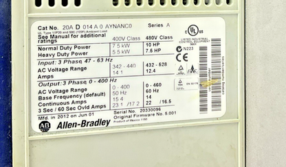 ALLEN BRADLEY 20AD014A0AYNANC0 POWERFLEX AC DRIVE SER.A 480V FRM:5.001 10HP5