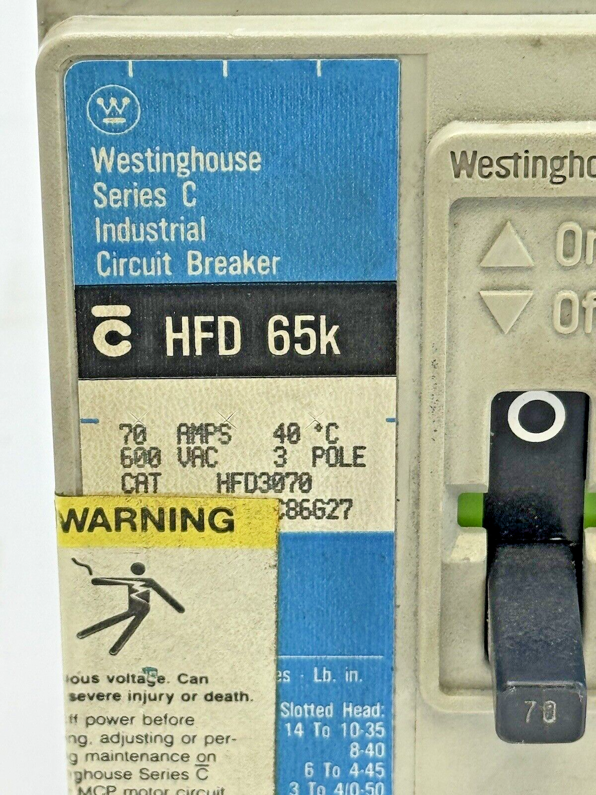 WESTINGHOUSE - HFD3070 - INDUSTRIAL CIRCUIT BREAKER - 3 POLE/ 70 A/ 600 VAC2