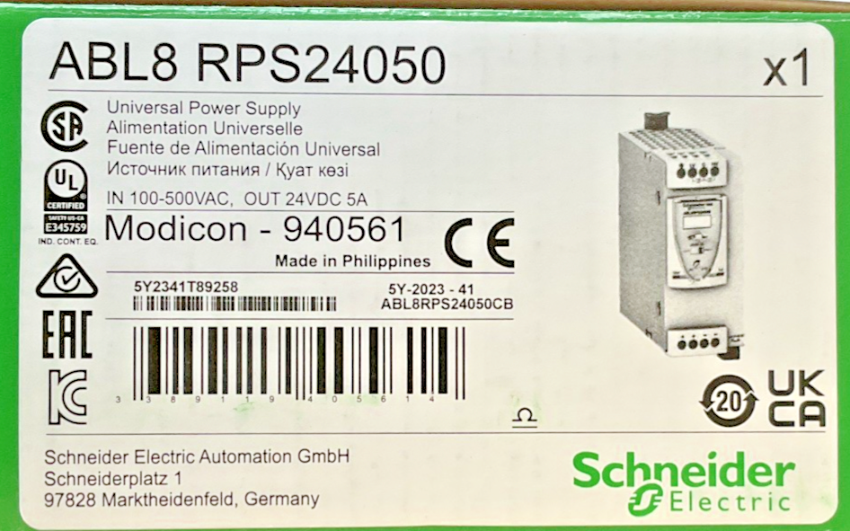 SCHNEIDER ELECTRIC ABL8RPS24050 POWER SUPPLY MODICON 940561 24VDC 5A 500VAC2