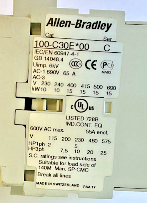 ALLEN BRADLEY 100-C30E*00 CONTACTOR SER.C 600VAC 55A4