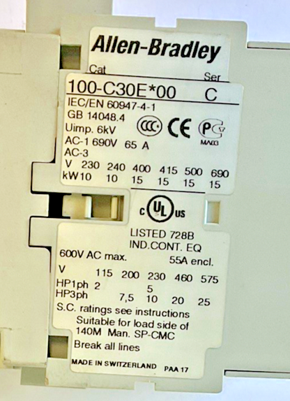 ALLEN BRADLEY 100-C30E*00 CONTACTOR SER.C 600VAC 55A4