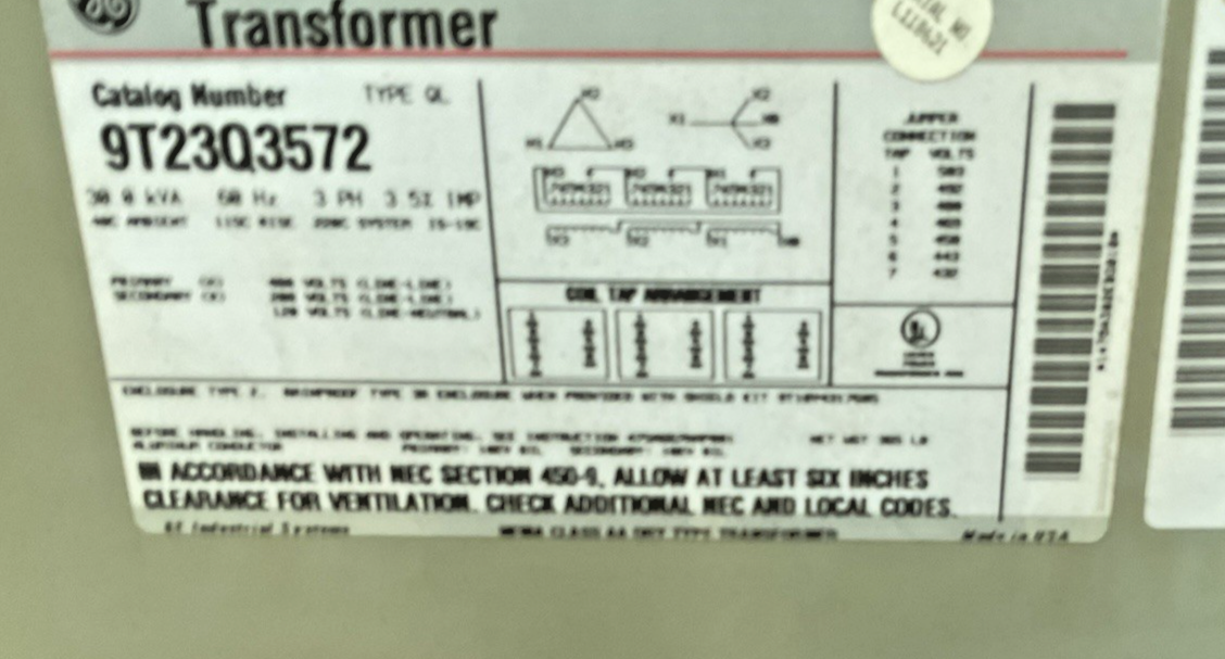 GENERAL ELECTRIC 9T23Q3572 TRANSFORMER 480V 30KVA 60HZ 3PH TYPE QL1