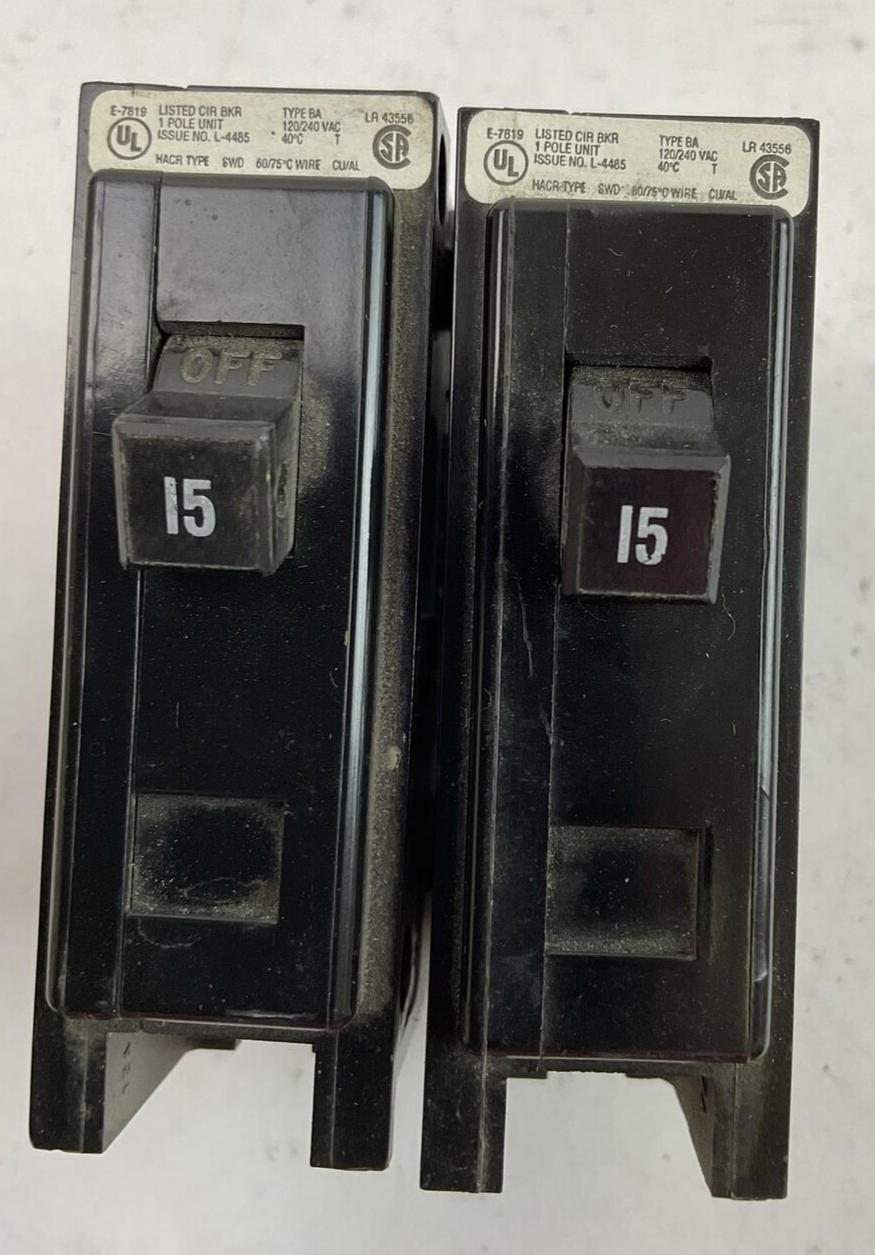 CUTLER HAMMER / WESTINGHOUSE BA115 CIRCUIT BREAKER 15A 1P 120/240VAC (LOT OF 2)0