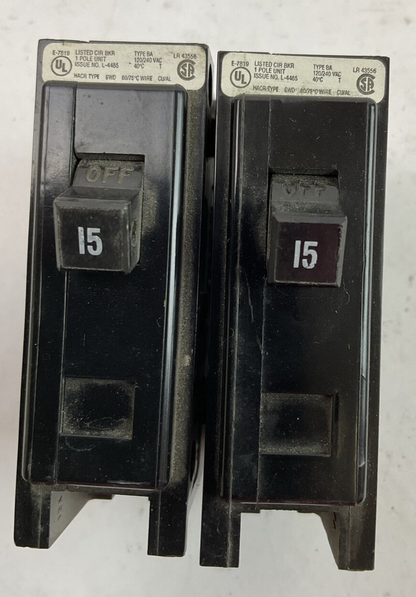 CUTLER HAMMER / WESTINGHOUSE BA115 CIRCUIT BREAKER 15A 1P 120/240VAC (LOT OF 2)0