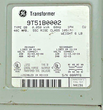 GE TRANSFORMER 9T51B0002 TYPE QB 0.050KVA 60HZ TYPE3R 1PH 480V1