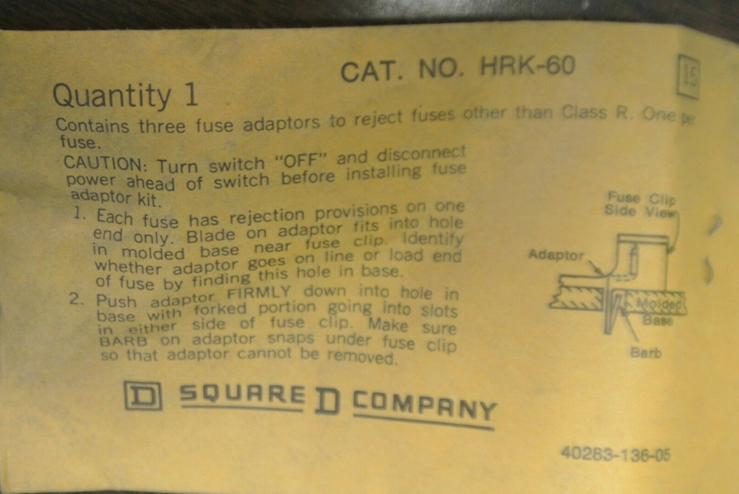 SQUARE D HRK-60 FUSE ADAPTER KIT / CLASS R / NEW SURPLUS1