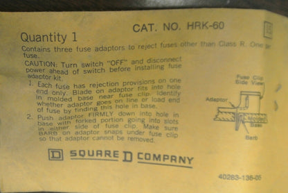 SQUARE D HRK-60 FUSE ADAPTER KIT / CLASS R / NEW SURPLUS1