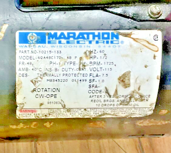 MARATHON ELECTRIC 10215-133 VACUUM PUMP 1/2HP 1725RPM 7.5FLA3