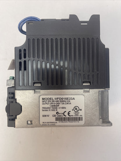 DELTA VFD015E23A VARIABLE FREQUENCY DRIVE OUTPUT 0-240VAC 7.5A 2.9KVA INPUT 200-2