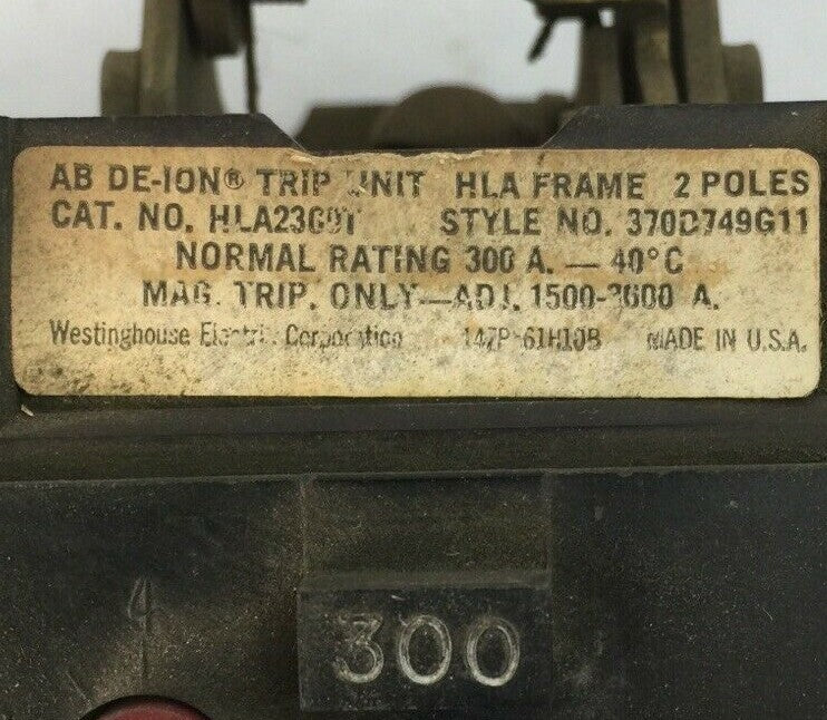 GE HLA2300T TRIP UNIT 300 AMP 2 POLE MAG TRIP ADJ 1500-3000A 370D749G111