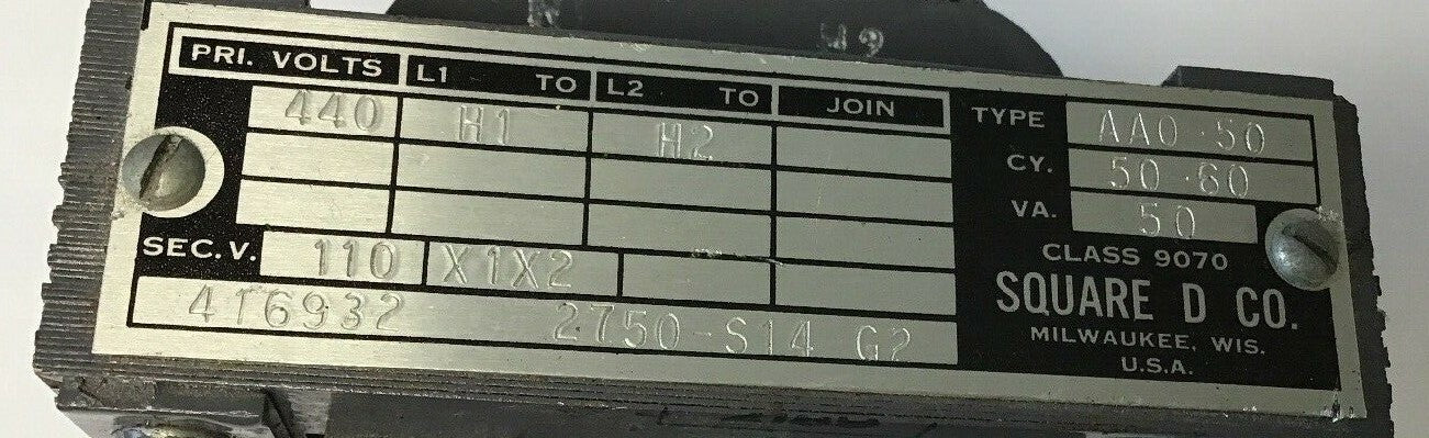 SQUARE D  9070 AA0-50 50-60CY 50VA  PRI.440VOLTS  SEC.110VOLTS TRANSFORMER1