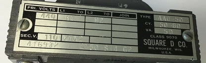 SQUARE D  9070 AA0-50 50-60CY 50VA  PRI.440VOLTS  SEC.110VOLTS TRANSFORMER1