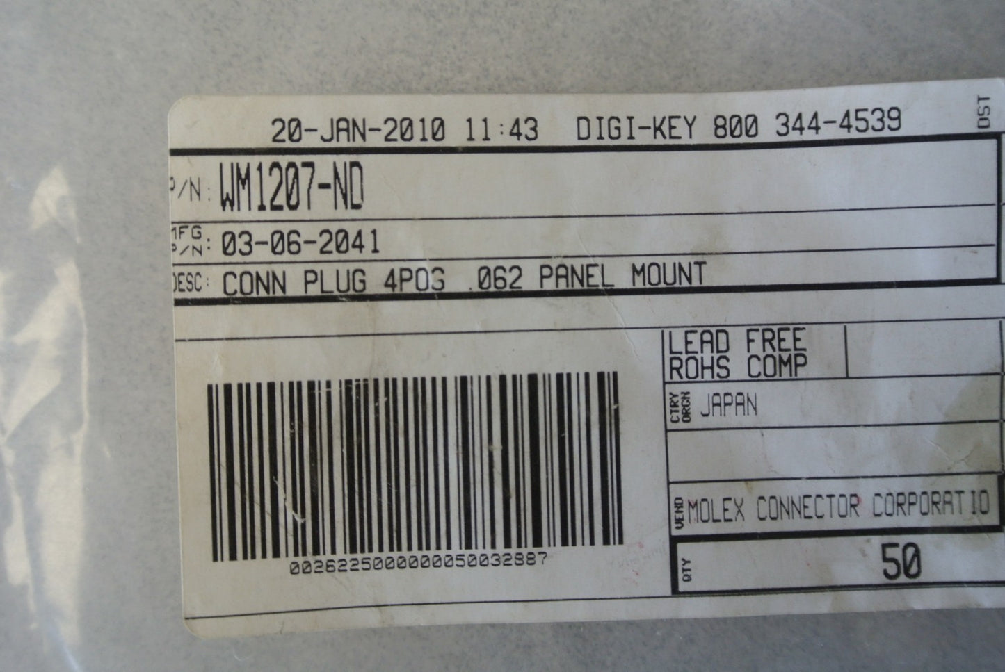 LOT of 50 WALDOM / MOLEX 03-06-2041 / CONNECTOR PLUG 4-POS / .062 PANEL MOUNT5