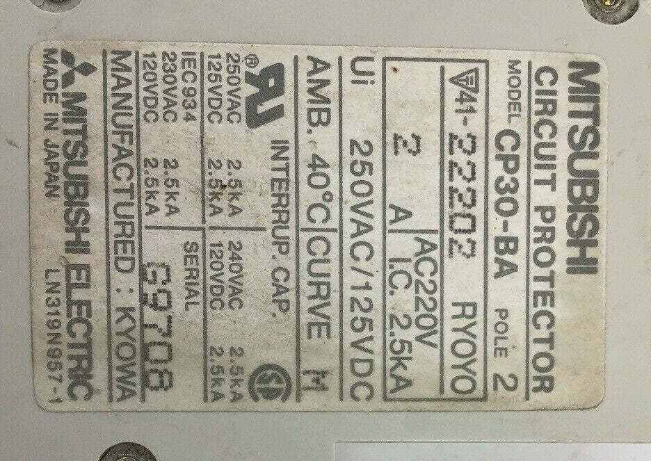 MITUBISHI CP30-BA 2AMP CIRCUIT PROTECTOR 2POLE 250VAC/125VDC (LOT OF 2)2
