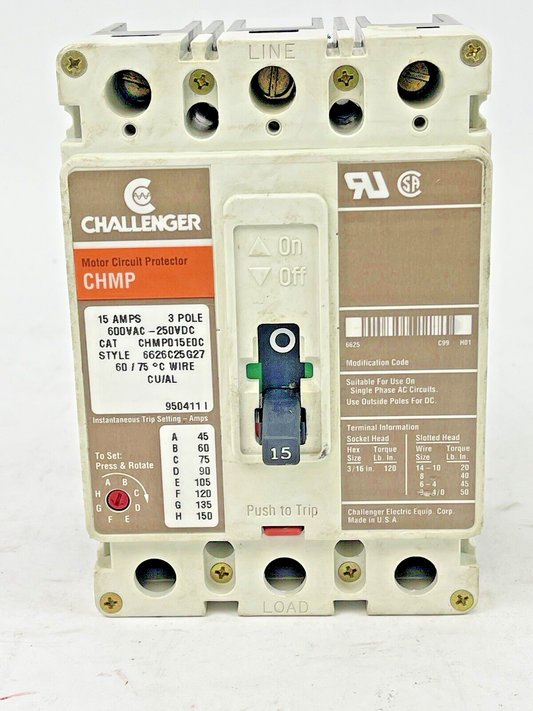 CHALLENGER - CHMP015E0C, MOTOR CIRCUIT PROTECTION BREAKER, 15 A, 3 Pole, 600 VAC0