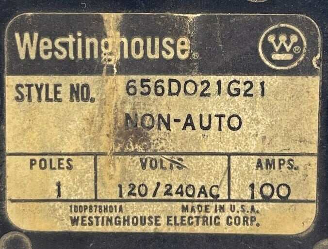 CUTLER HAMMER / WESTINGHOUSE 656D021G21 CIRCUIT BREAKER 100AMP 1POLE 120/240VAC1