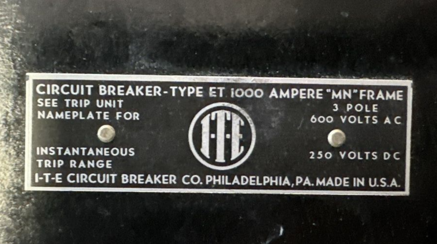 ITE ET9395 1000AMP CIRCUIT BREAKER FRAME 3P 600VAC 250VDC WITH 800AMP TRIP UNIT1