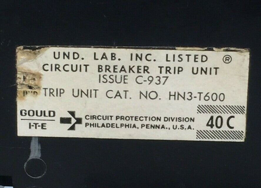 ITE GOULD HN3-T600 CIRCUIT BREAKER TRIP UNIT 600AMP 3POLE1