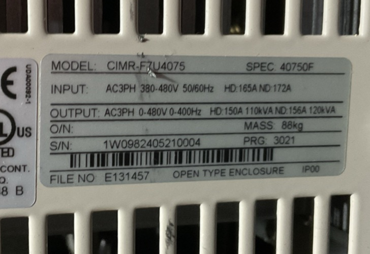 YASKAWA CIMR-F7U4075 AC DRIVE OUTPUT 3PH 0-480VAC HD 150A 110kVA ND 156A 120kVA1