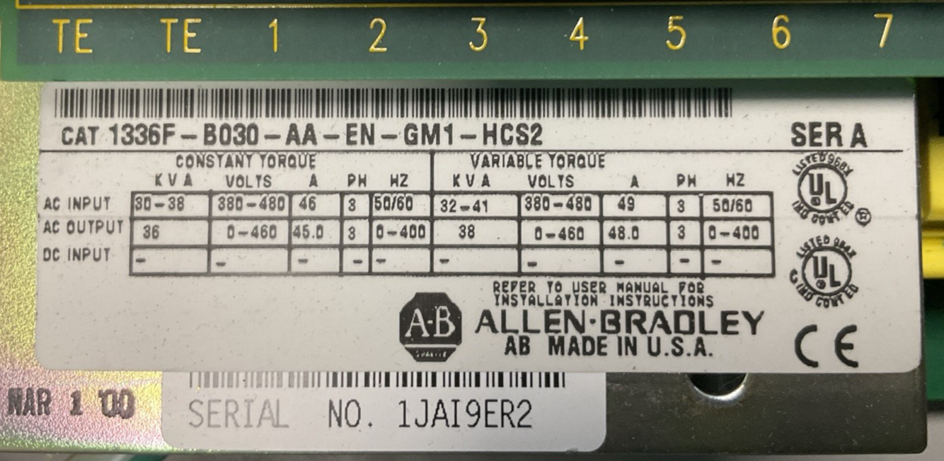 ALLEN BRADLEY 1336F-B030-AA-EN-GM1-HCS2 SER A 1336 PLUS SENSORLESS VECTOR DRIVE1
