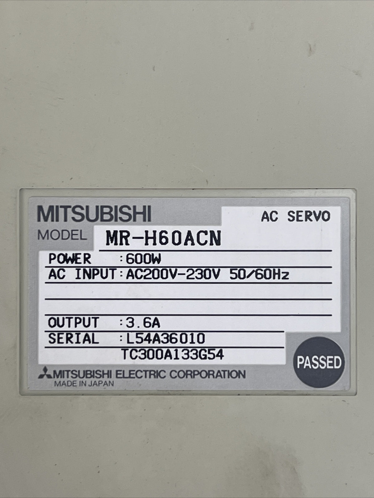 MITSUBISHI MR-H60ACN AC SERVO DRIVE OUPUT 3.6A INPUT 200-230VAC POWER 600W1