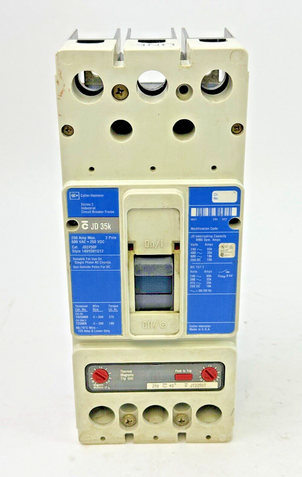 CUTLER-HAMMER - JD2250F - BREAKER W/ JT2250T MAGNETIC TRIP - 2 POLE/250 A/600VAC1