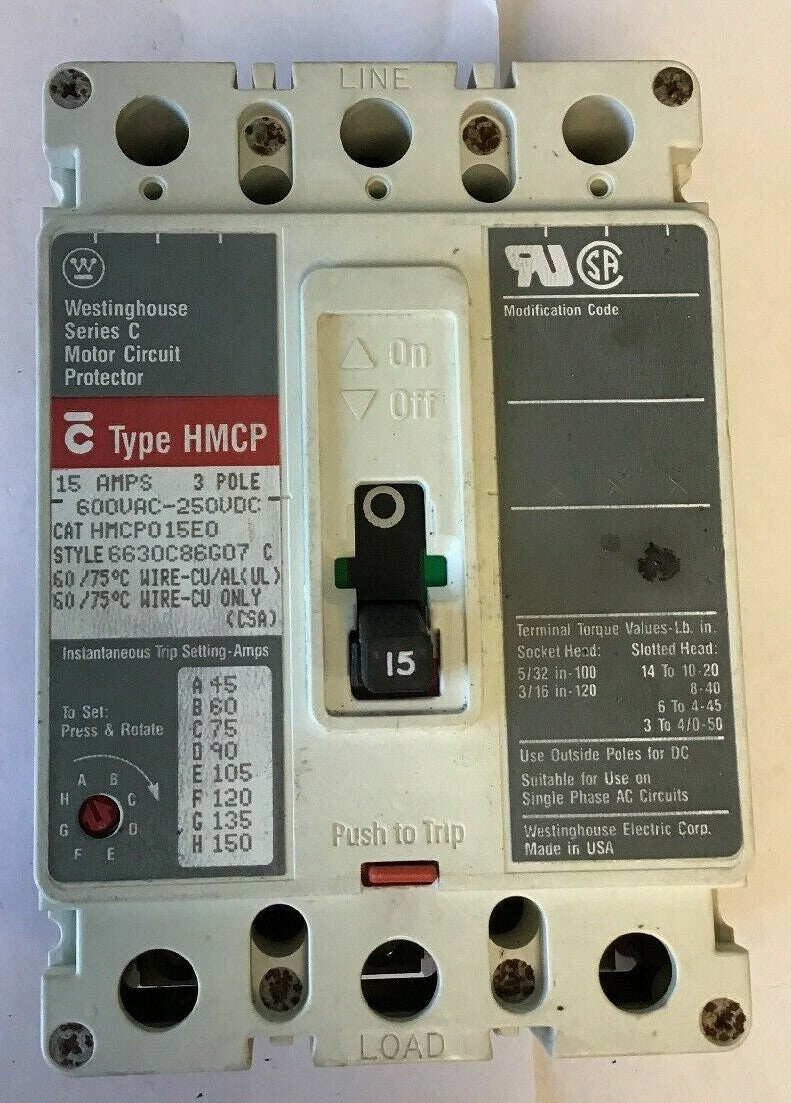 WESTINGHOUSE HMCP015E0  CIRCUIT PROTECTOR SER.C 15AMP 3POLE 600VAC-250VDC 0