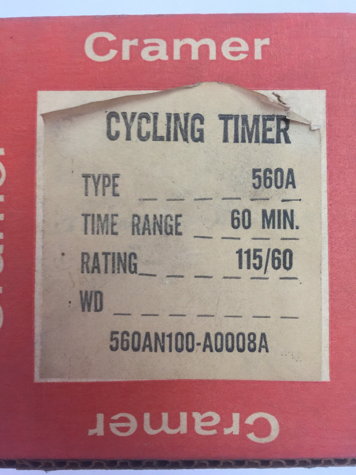 CRAMER 560AN100-A0008A CYCLING TIMER RATING 115/60 TIME RANGE 60 MIN 25 AMPS 1