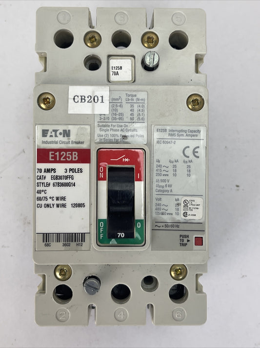 EATON EGB3070FFG INDUSTRIAL CIRCUIT BREAKER 70AMP 3POLE 250VDC 480VAC 67B3600G140
