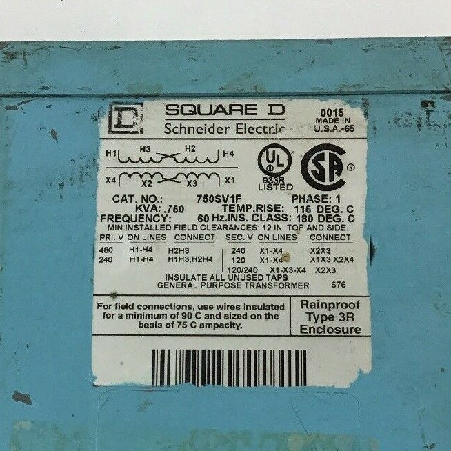 SQUARE D 750SV1F TRANSFORMER .750KVA 1PH 60HZ PRIM.240/480V SEC.120/240V1