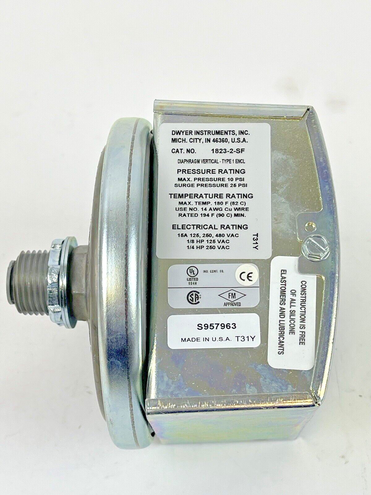 DWYER - 1823-2-SF - PRESSURE SWITCH - 15A 125/ 480 VAC 1/8 HP - SERIES 18002