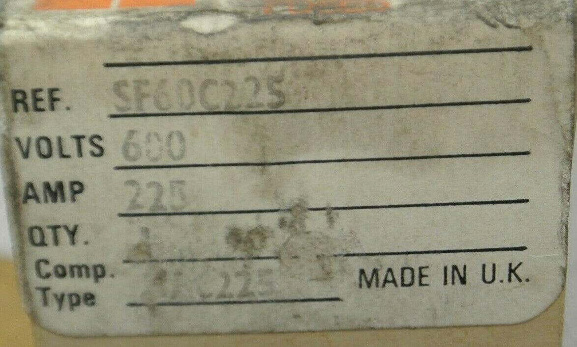INTERNATIONAL RECTIFIER SF60C225 FUSE / 600V, 225A / NEW SURPLUS / TYPE KAC2254